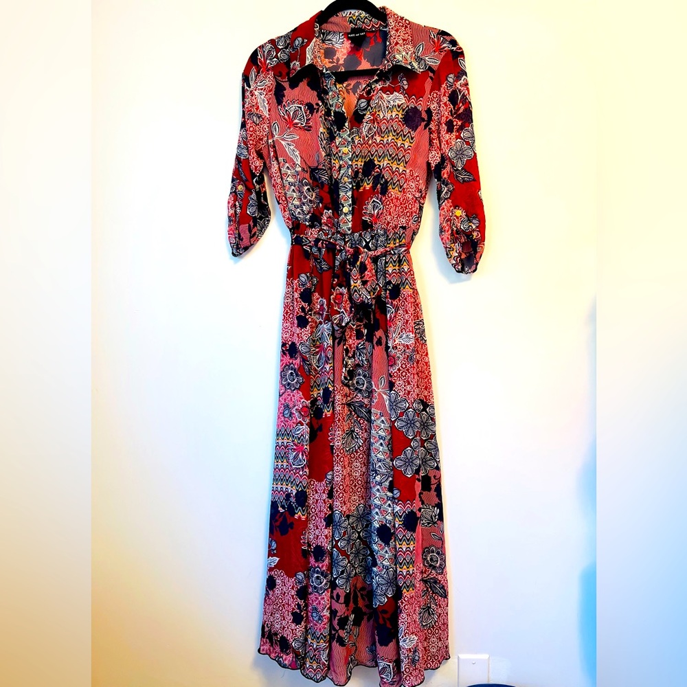 Women's Red Floral Maxi Shirt Dress